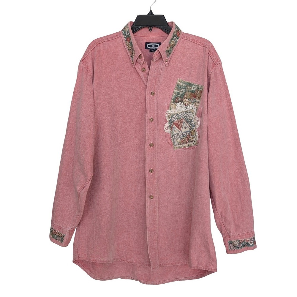 Vintage Upcycled Cottagecore Shirt Birdhouse Applique Folk Art Pink L‎